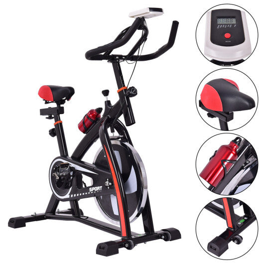 Black Indoor Cycling Bike Trainer Features Highlight Adjustable Exercise Bike with Electronic Meter & Heart Rate Monitor