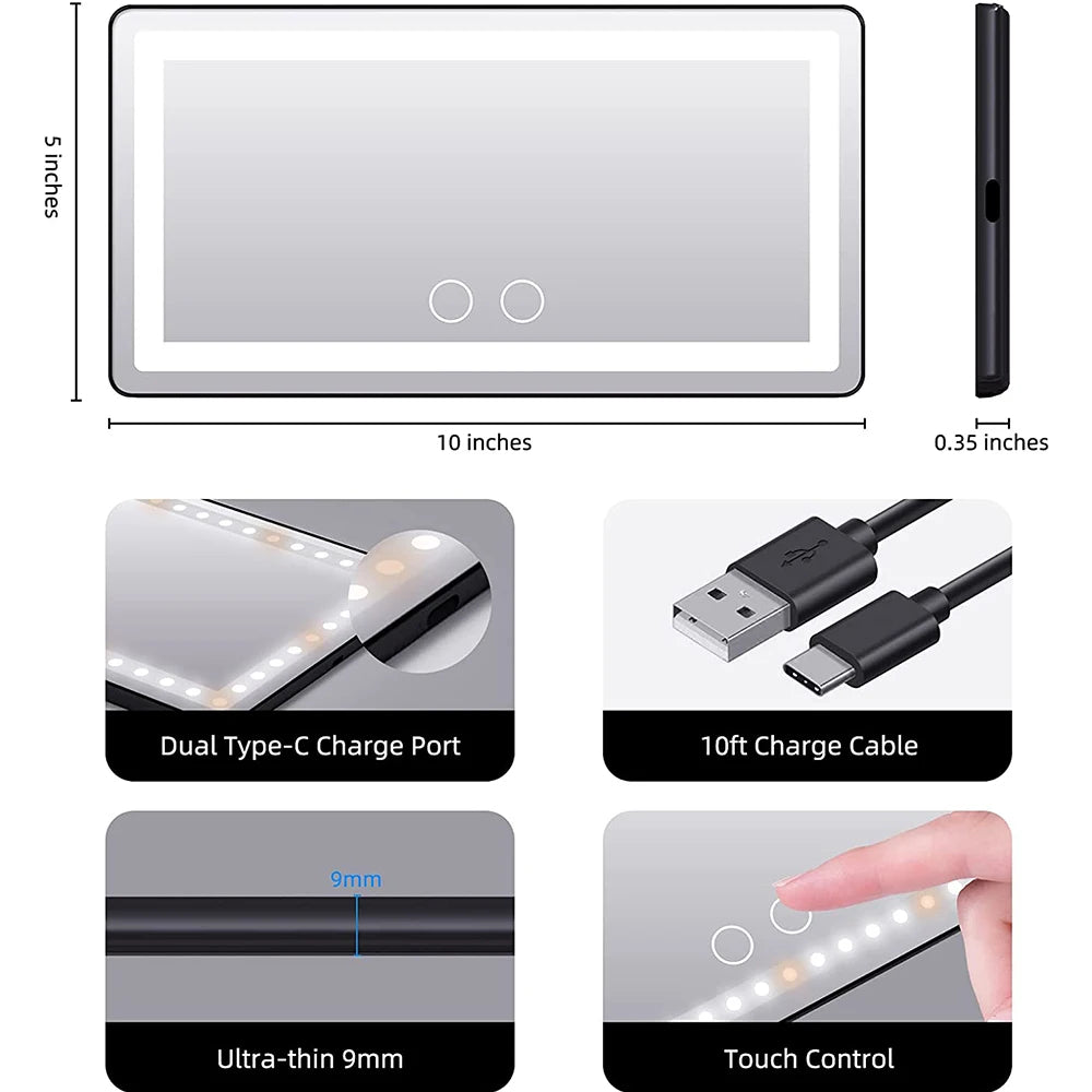 Dimmable Touch Control Car Sun Visor Vanity Mirror Rechargeable LED Mirror evlune
