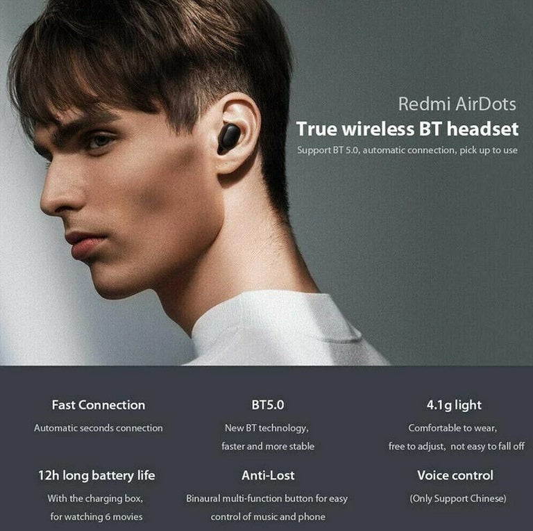 A6s TWS Bluetooth 5.0 Wireless Earbuds for Xiaomi Redmi - Noise Cancelling In-Ear Headphones with Microphone, Hands-Free Stereo Earphones, Universal Compatible Black Earbuds