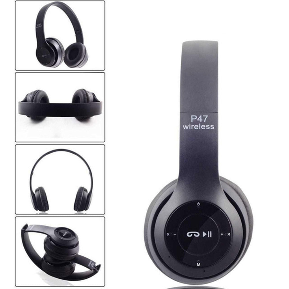 P47 Foldable Wireless Bluetooth 5.0 Headphones with Microphone - Over-Ear Headset Compatible with iPhone, Samsung, Xiaomi, Mobile Phones & Tablets (Black)