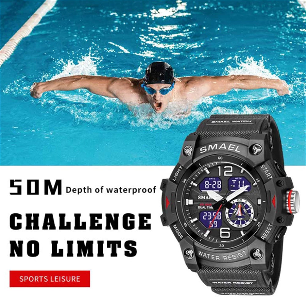 SMAEL Luxury Men's Sports Watch - LED Digital Quartz Waterproof Watch with 5ATM Water Resistance, Shockproof & Multifunction Features