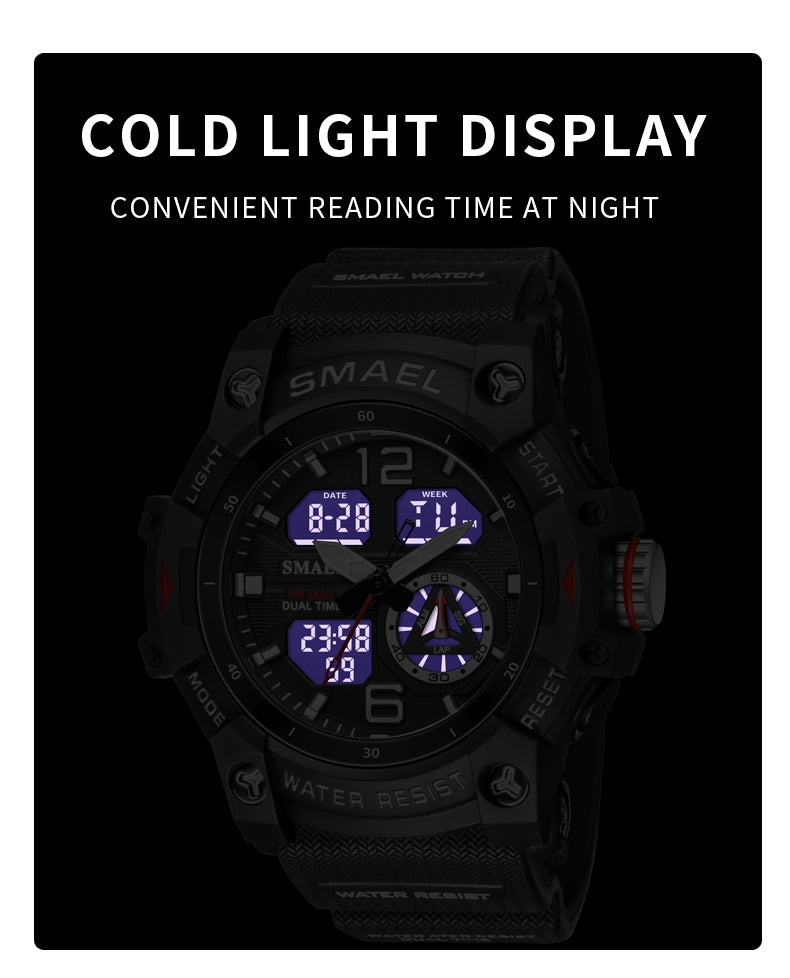 SMAEL Luxury Men's Sports Watch - LED Digital Quartz Waterproof Watch with 5ATM Water Resistance, Shockproof & Multifunction Features