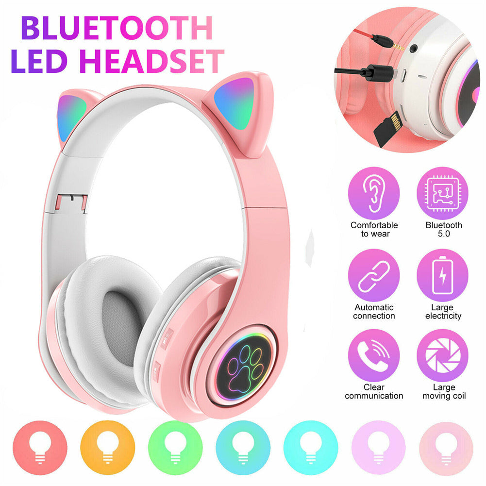 Cat Ear Bluetooth Headphones Led Light Wireless Earphone With Microphone Gifts For Kids Girls Purple