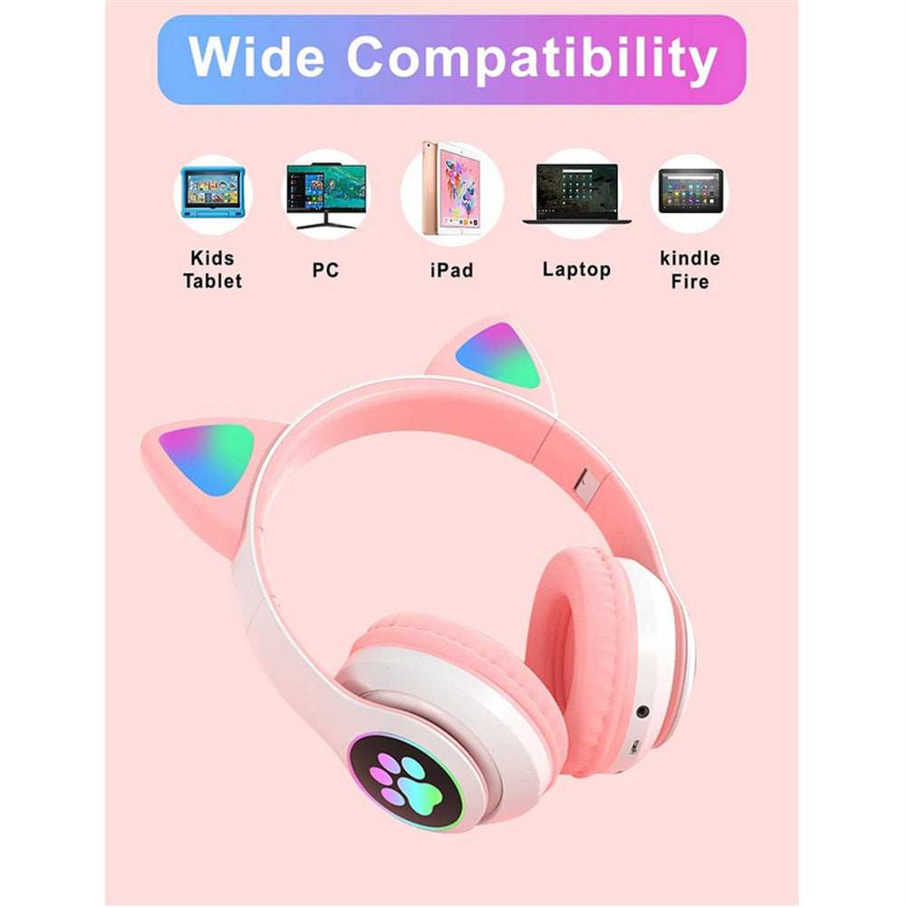 Cat Ear Bluetooth Headphones Led Light Wireless Earphone With Microphone Gifts For Kids Girls Purple