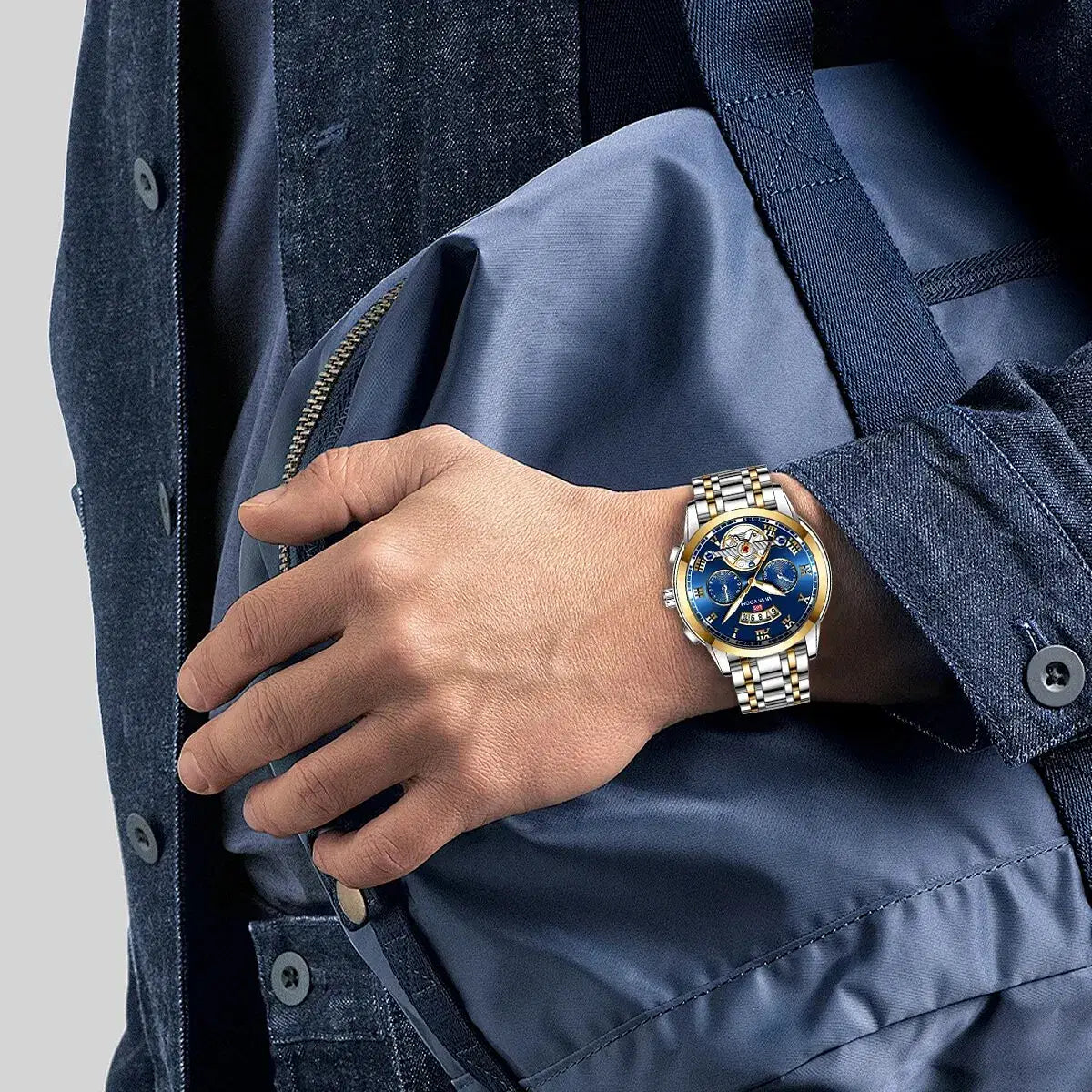 Reloj de lujo para hombre color marfil Modelo 2453 - Reloj deportivo casual de acero inoxidable con manchas luminosas y resistencia al agua 3Bar