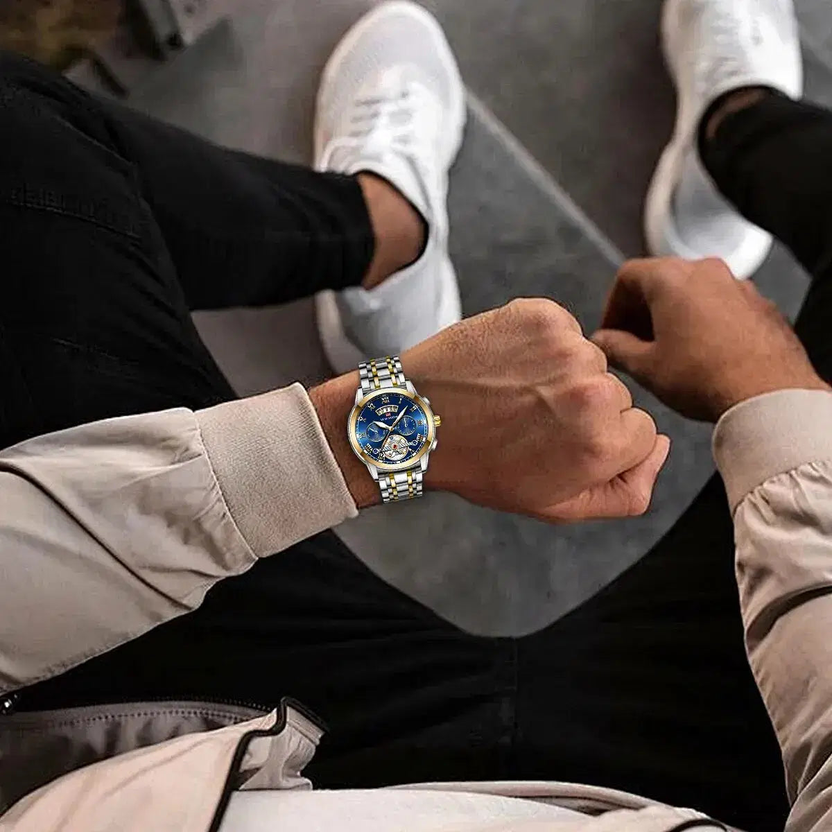 Reloj de lujo para hombre color marfil Modelo 2453 - Reloj deportivo casual de acero inoxidable con manchas luminosas y resistencia al agua 3Bar