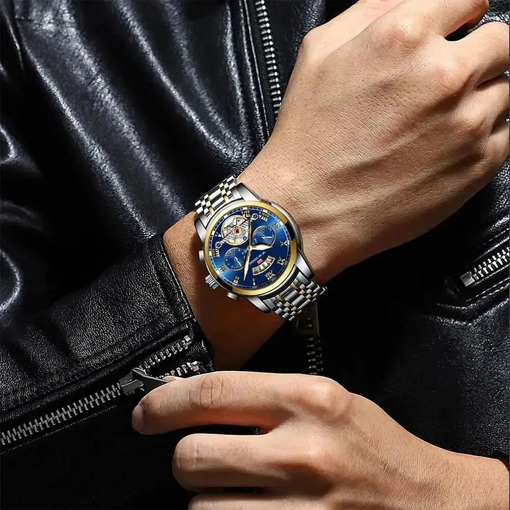 Reloj de lujo para hombre color marfil Modelo 2453 - Reloj deportivo casual de acero inoxidable con manchas luminosas y resistencia al agua 3Bar