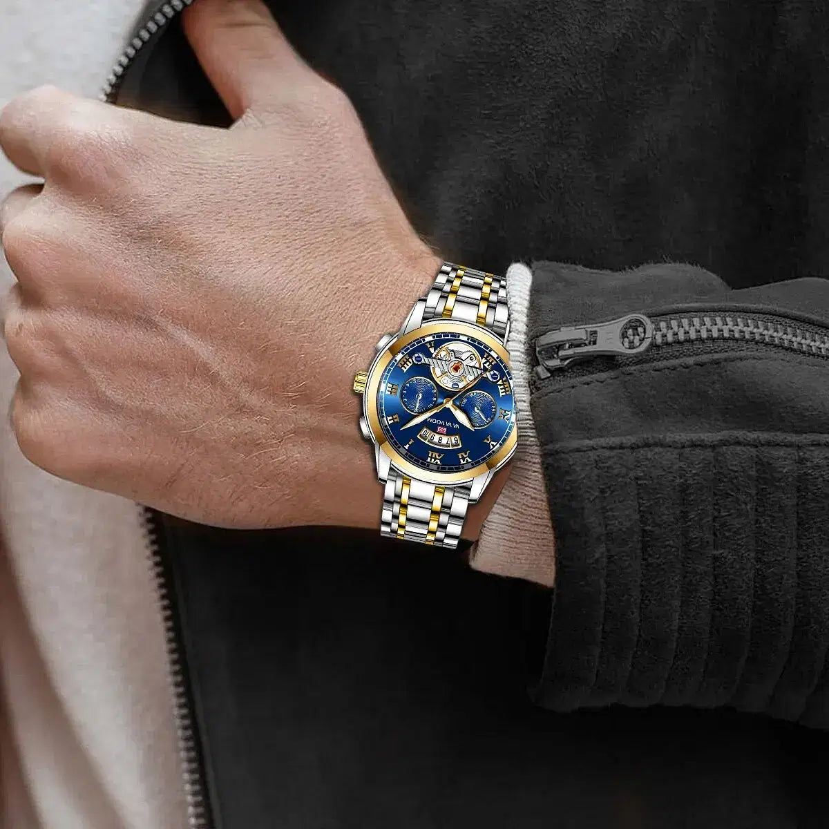 Reloj de lujo para hombre color marfil Modelo 2453 - Reloj deportivo casual de acero inoxidable con manchas luminosas y resistencia al agua 3Bar