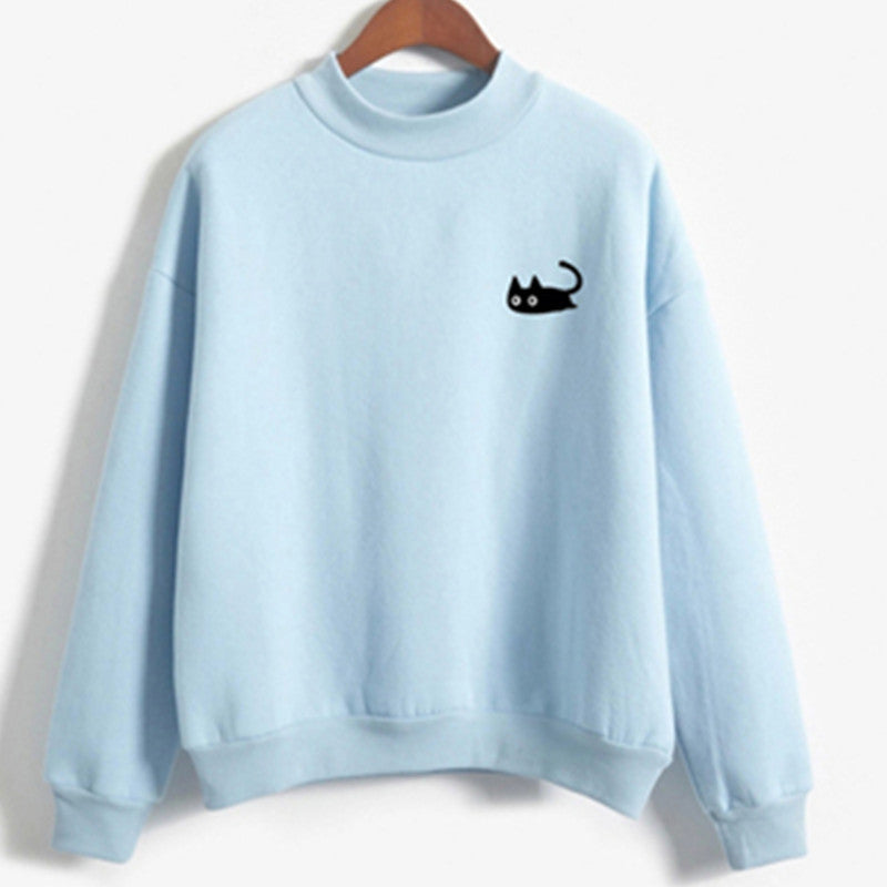 Women's Blue Cat Crew Neck Sweater | Europe America Style Loose Fit Pullover | Fleece Embroidery Design | Long Sleeve Round Neck Solid Color | Size M Casual Fashion