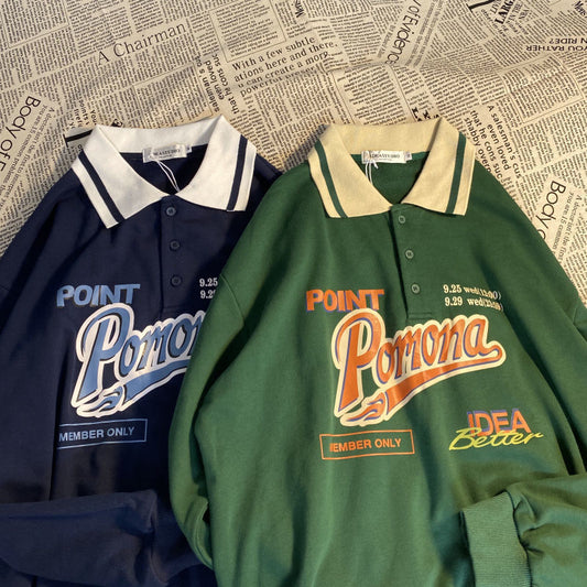 Color: Green, Size: L - Harajuku Style Retro Letter Bear Print Striped Patchwork Polo Collar Hooded Sweatshirt - Japanese Streetwear Casual Pullover Top