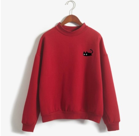 Women's Red Cat Crew Neck Sweater | Europe America Style Loose Fit Pullover | Fleece Embroidery Design | Long Sleeve Round Neck Solid Color | Size S Casual Fashion