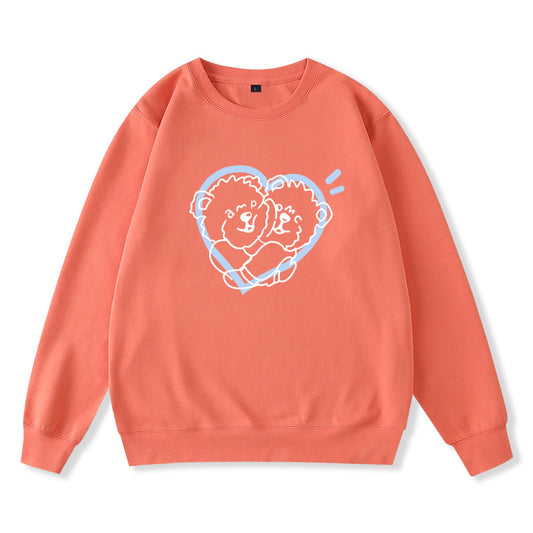 Women's Orange Hug Bear Print Cotton Sweater - Loose Fit Raglan Sleeve Long Sleeve Cartoon Print Pullover (Size M)