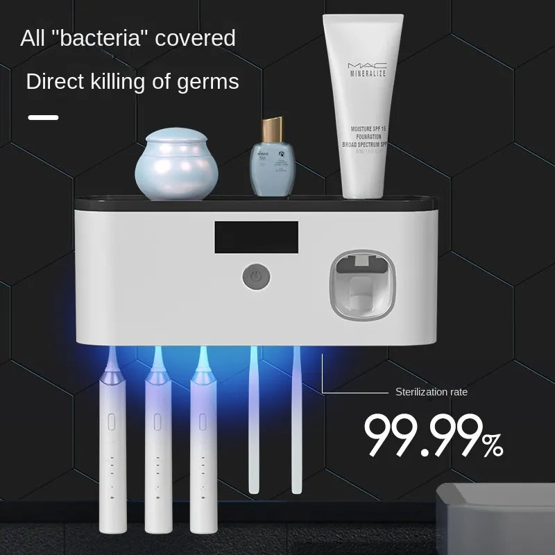  壁取り付け式UV歯ブラシホルダー歯磨き粉ディスペンサー - 99.9%殺菌 太陽光/USB充電対応電動歯ブラシ収納ラック - ブラック/グレー バスルームオーガナイザー
