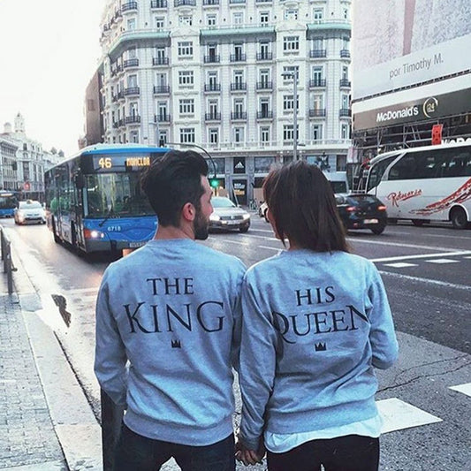 Grey King Queen Couple Sweater Set | English Alphabet Matching His Hers Pullover | Polyester Blend Unisex S-XXL | Royal Couple Gift Hoodies | Men's King Women's Queen Design