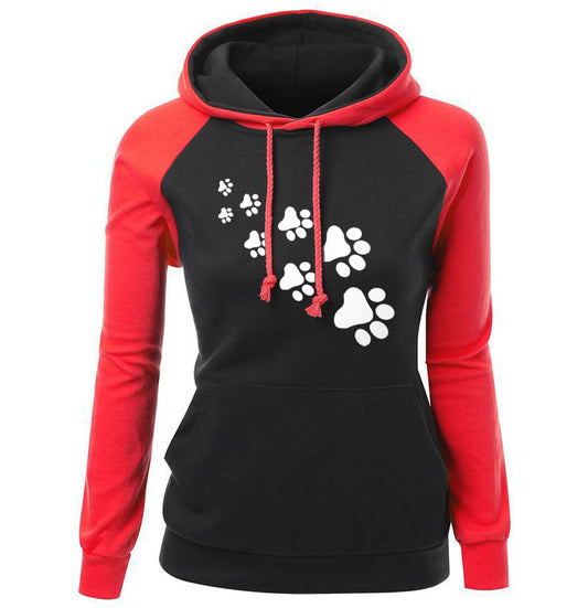 Color: Red black, Size: L - Women's Dog Paw Print Casual Hooded Jacket - Cotton Spandex Knit Comfy Outerwear