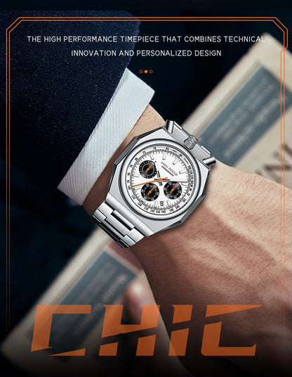 Color: 03 Steel Case Black Surface - Men's Retro Multifunction Quartz Watch with Stainless Steel Band - 30M Waterproof Chronograph Timepiece