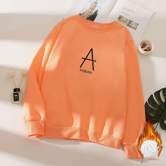 Color: Orange, style: Plus velvet-M, Size:  - Plush Bottom Coat Female Autumn And Winter Fat Mm Thin Top Loose Long Sleeve T-shirt Student Thickened Warm Sweater