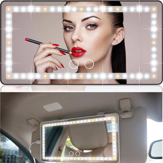 Car Sun Visor Vanity Mirror Rechargeable LED Makeup Mirror with 60 LEDs 3 Light Modes Dimmable Touch Control evlune