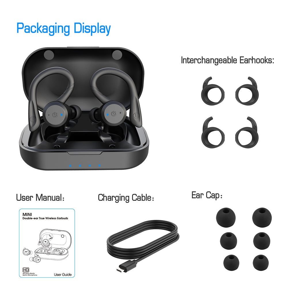 Bluetooth Headphones Ear Hook Stereo Noise Cancellation Music Earphones Waterproof Sports Headset Black