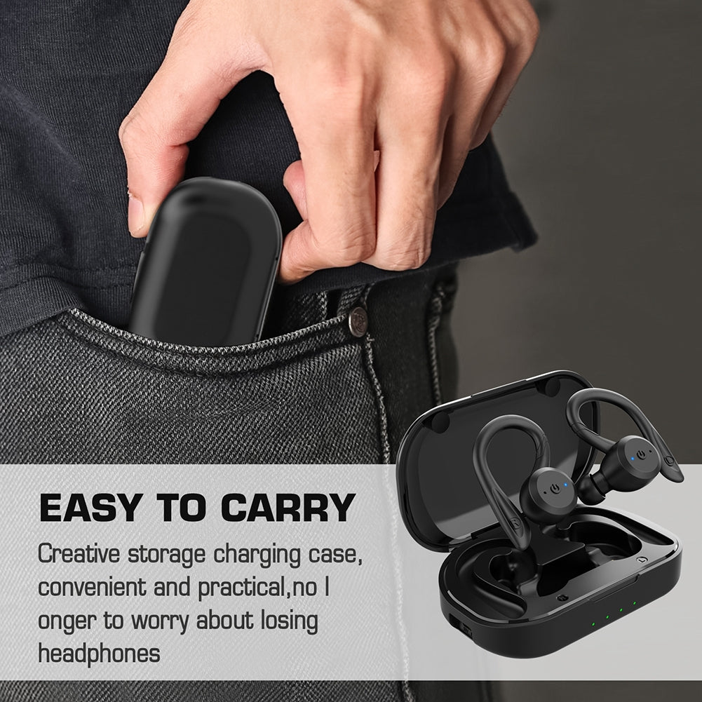 Bluetooth Headphones Ear Hook Stereo Noise Cancellation Music Earphones Waterproof Sports Headset Black
