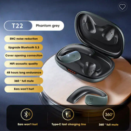 T22 TWS Wireless Bluetooth 5.3 Bone Conduction Headphones with Touch Control, Ear Clip Design, Noise Reduction, IPX5 Waterproof - Gray