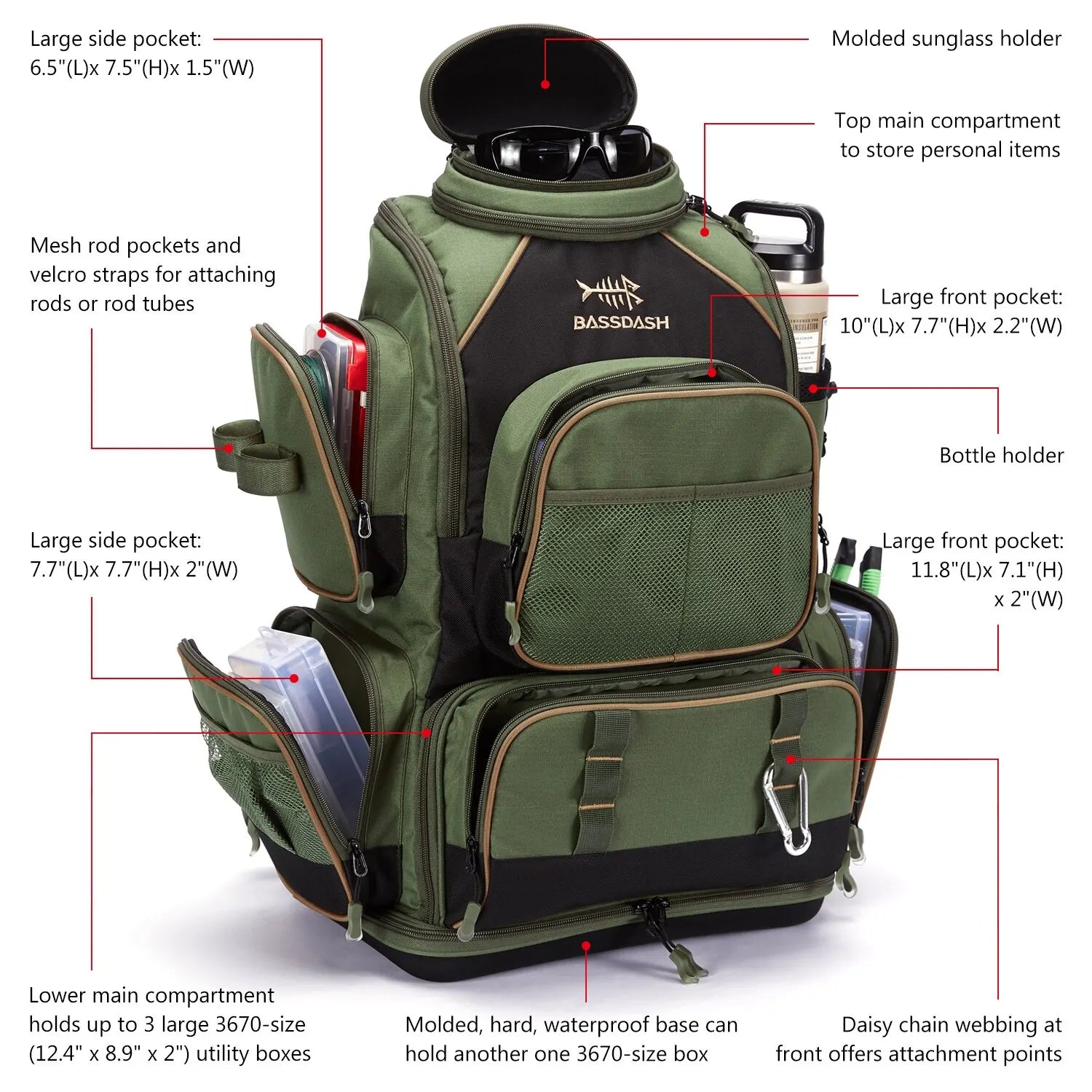 Fishing Tackle Backpack with Rod Holder evlune