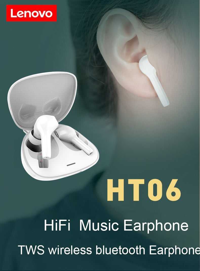 Lenovo HT06 True Wireless Bluetooth Earbuds IPX5 Waterproof Stereo Handsfree Headphones with Mic - Black
