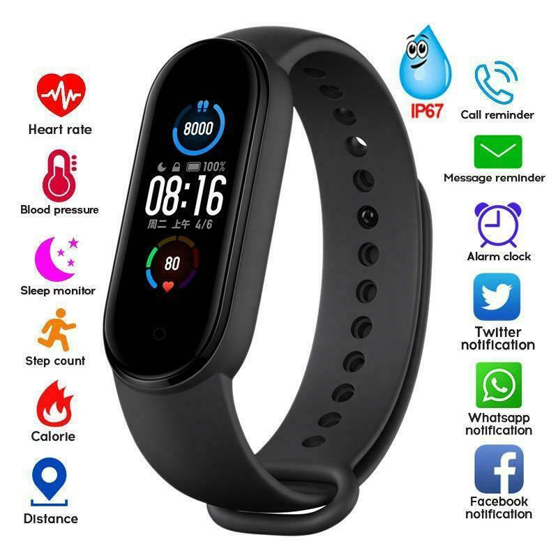 M5 Color Screen Fitness Tracker Smart Watch - IP67 Waterproof Sports Bracelet with Heart Rate Monitor, Pedometer, and Sleep Tracker for Android & iOS (Black)