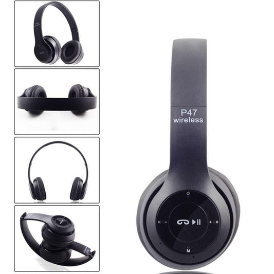 P47 Foldable Wireless Bluetooth 5.0 Headphones with Microphone - Over-Ear Headset Compatible with iPhone, Samsung, Xiaomi, Mobile Phones & Tablets (Black)