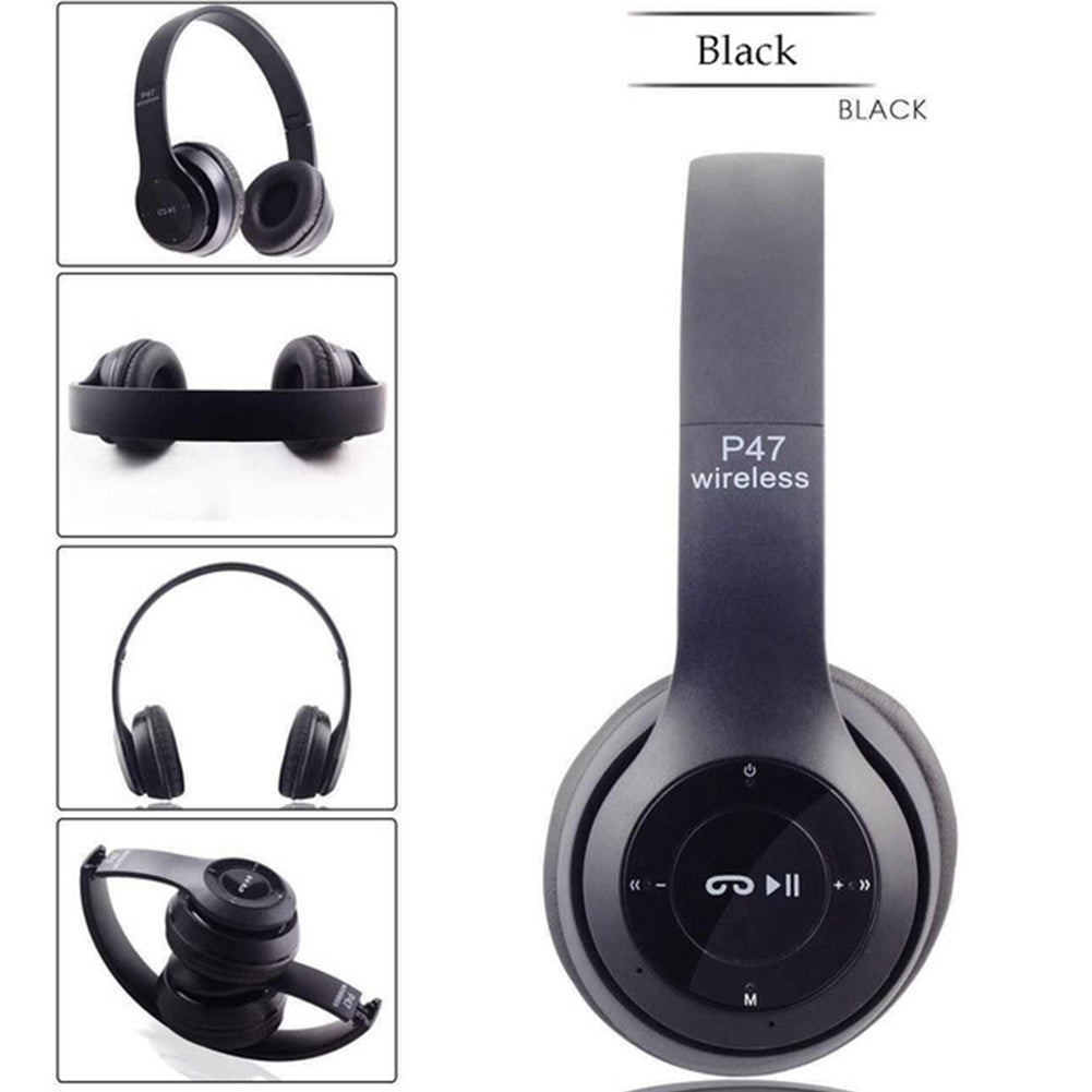 P47 Foldable Wireless Bluetooth 5.0 Headphones with Microphone - Over-Ear Headset Compatible with iPhone, Samsung, Xiaomi, Mobile Phones & Tablets (Black)