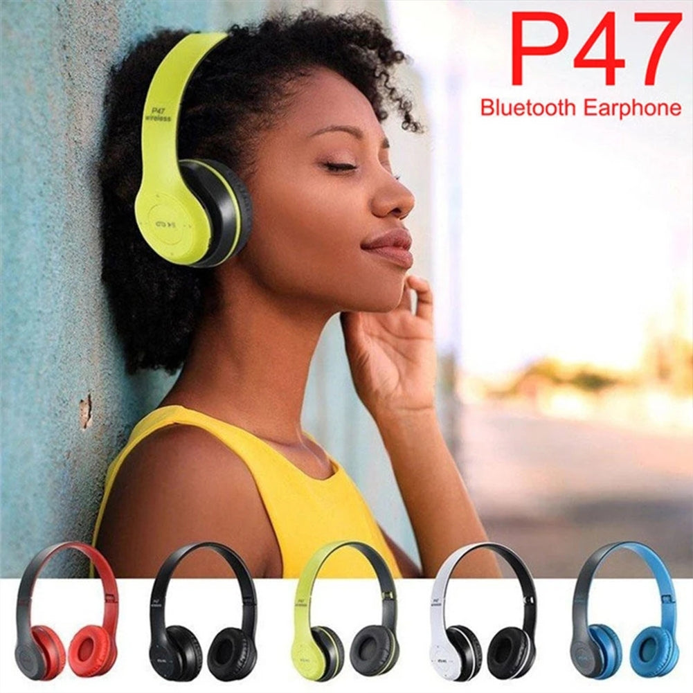 P47 Foldable Wireless Bluetooth 5.0 Headphones with Microphone - Over-Ear Headset Compatible with iPhone, Samsung, Xiaomi, Mobile Phones & Tablets (Black)