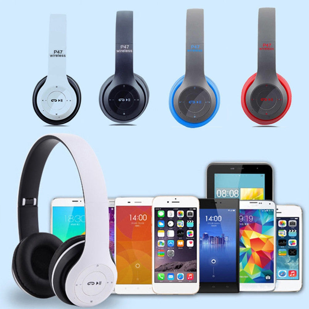 P47 Foldable Wireless Bluetooth 5.0 Headphones with Microphone - Over-Ear Headset Compatible with iPhone, Samsung, Xiaomi, Mobile Phones & Tablets (Black)