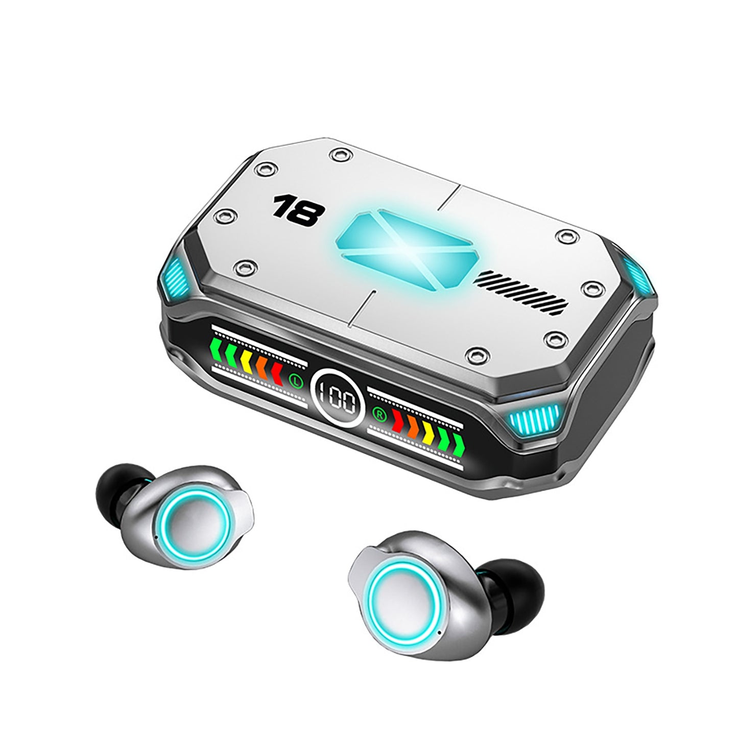 M43 TWS Wireless Gaming Earbuds Bluetooth 5.3 with RGB Lighting, 180H Battery Life, Touch Control, IPX7 Waterproof, Binaural Headset with LED Power Display - Silver