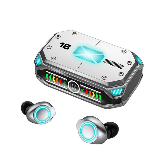 M43 TWS Wireless Gaming Earbuds Bluetooth 5.3 with RGB Lighting, 180H Battery Life, Touch Control, IPX7 Waterproof, Binaural Headset with LED Power Display - Silver