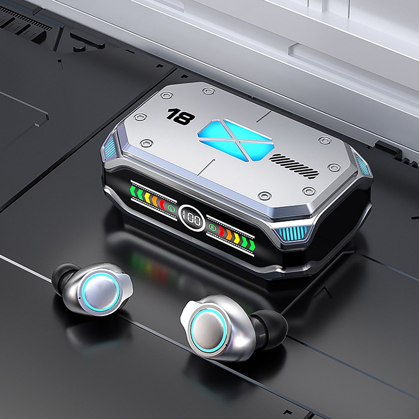 M43 TWS Wireless Gaming Earbuds Bluetooth 5.3 with RGB Lighting, 180H Battery Life, Touch Control, IPX7 Waterproof, Binaural Headset with LED Power Display - Silver