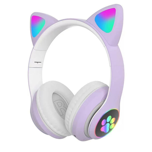 Cat Ear Bluetooth Headphones Led Light Wireless Earphone With Microphone Gifts For Kids Girls Purple