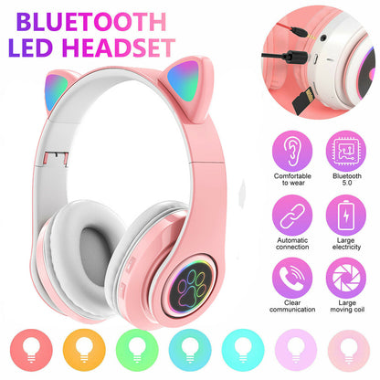 Cat Ear Bluetooth Headphones Led Light Wireless Earphone With Microphone Gifts For Kids Girls Purple