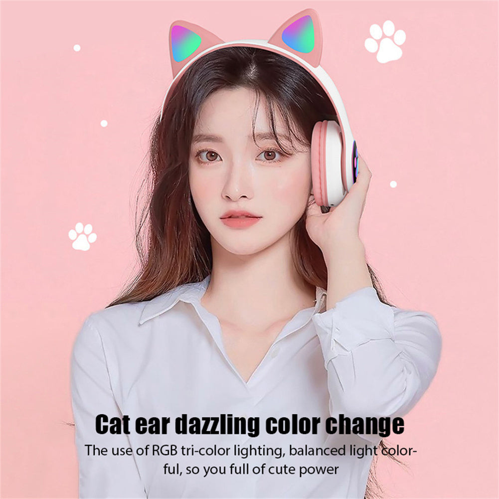 Cat Ear Bluetooth Headphones Led Light Wireless Earphone With Microphone Gifts For Kids Girls Purple