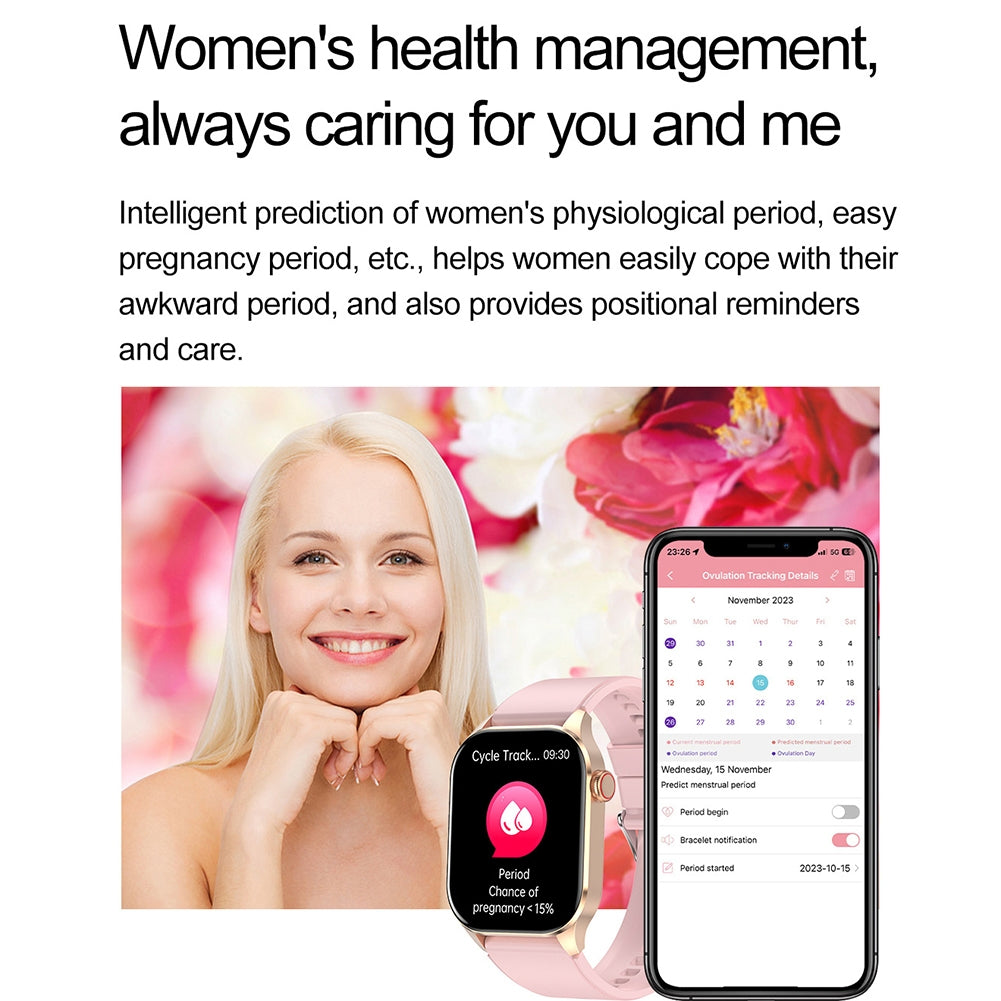 T98 Pink Smart Watch with Blood Oxygen, Blood Pressure, Heart Rate & Sleep Monitor - 2.04 Inch AMOLED Display for Smartphones