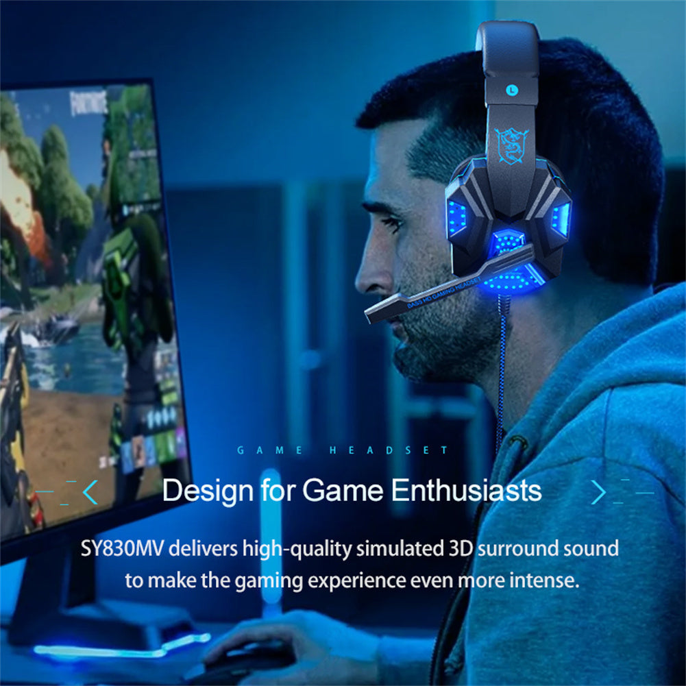 SY830MV Wired Gaming Headset with LED Lighting - Over-Ear Stereo Gaming Headphones with Noise Cancelling Mic for PC, Laptop, Smartphone, Tablet, PS4, Xbox - Dark Blue