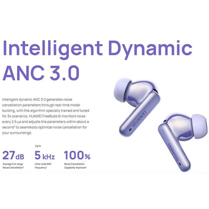 Black Huawei FreeBuds 6i (T0019) Wireless Earbuds with Intelligent Dynamic ANC 3.0, 11mm Quad-Magnet Driver, 35-Hour Battery Life, Bluetooth 5.3, IP54 Water-Resistant True Wireless Headphones