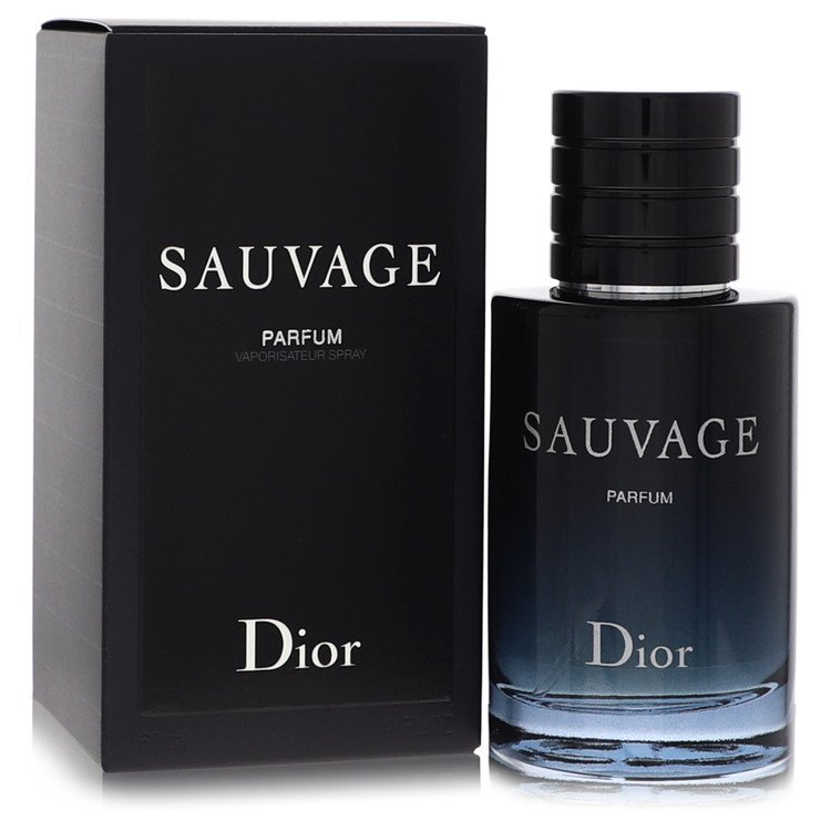 Sauvage by Christian Dior Parfum Spray 2 oz evlune luxury fresh men's fragrance in dark blue gradient bottle with black cap.