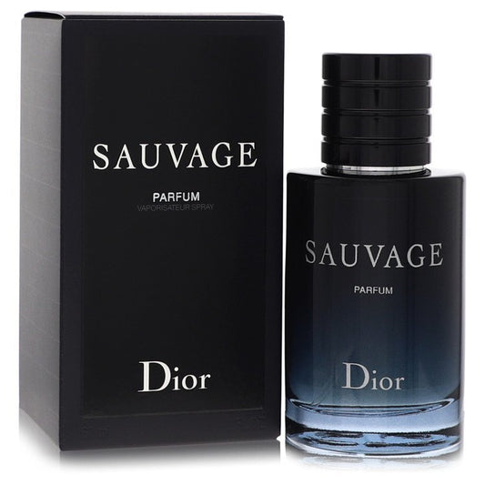 Sauvage by Christian Dior Parfum Spray 2 oz evlune luxury fresh men's fragrance in dark blue gradient bottle with black cap.