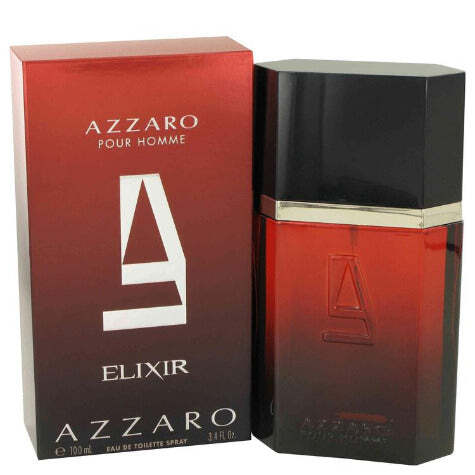 Azzaro Pour Homme Elixir Eau De Toilette men's cologne in red packaging and bottle with A logo. Long-lasting oriental vanilla fragrance featuring evlune.