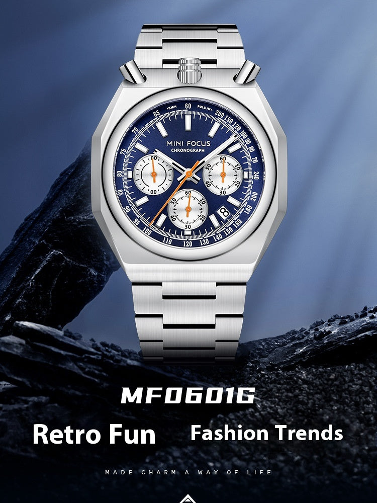 Color: 03 Steel Case Black Surface - Men's Retro Multifunction Quartz Watch with Stainless Steel Band - 30M Waterproof Chronograph Timepiece