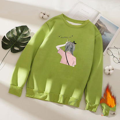 Oversized Korean Commuter Shirt | Warm Padded Velvet Top | Green Plus Velvet Cartoon Print | Round Neck Long Sleeve | Size L Available