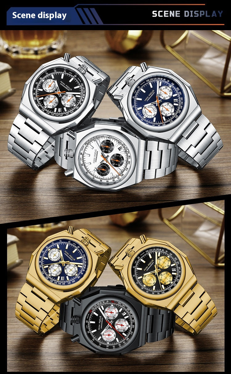 Color: 03 Steel Case Black Surface - Men's Retro Multifunction Quartz Watch with Stainless Steel Band - 30M Waterproof Chronograph Timepiece