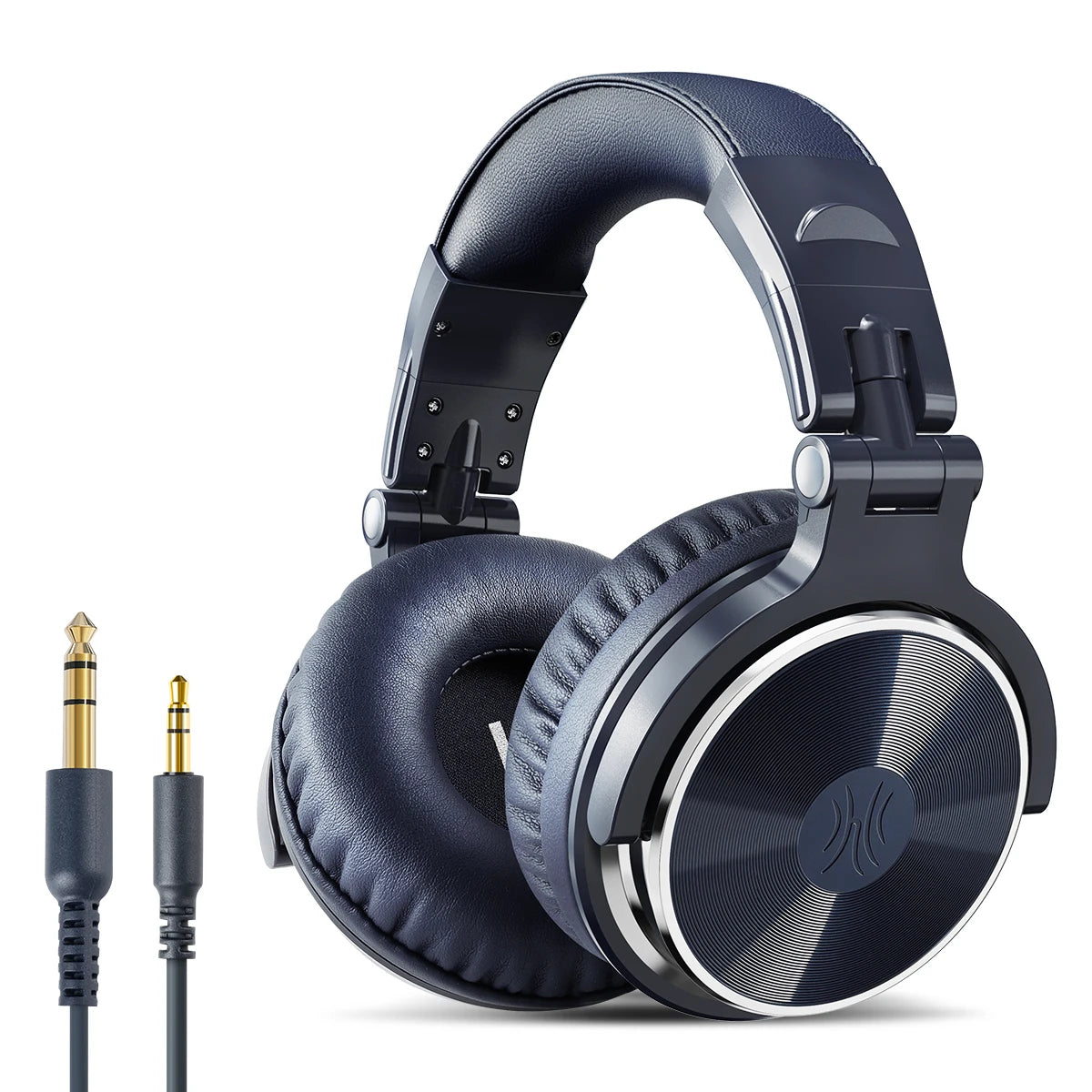 Dark navy OneOdio DJ headphones with cushioned ear pads and dual jack cable for mixing & music
