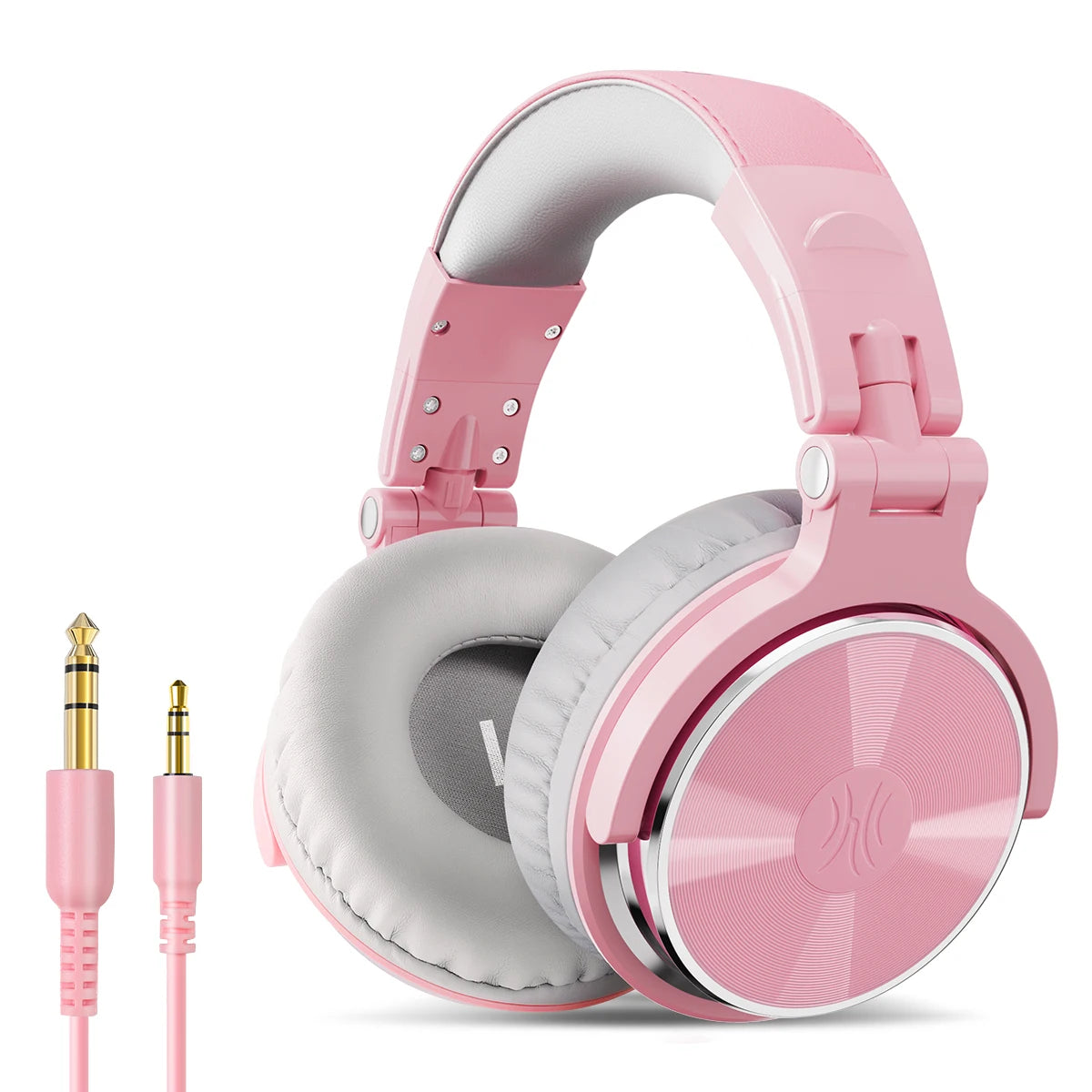 Stylish pink OneOdio over-ear DJ headphones with dual audio jack, perfect for studio & gaming