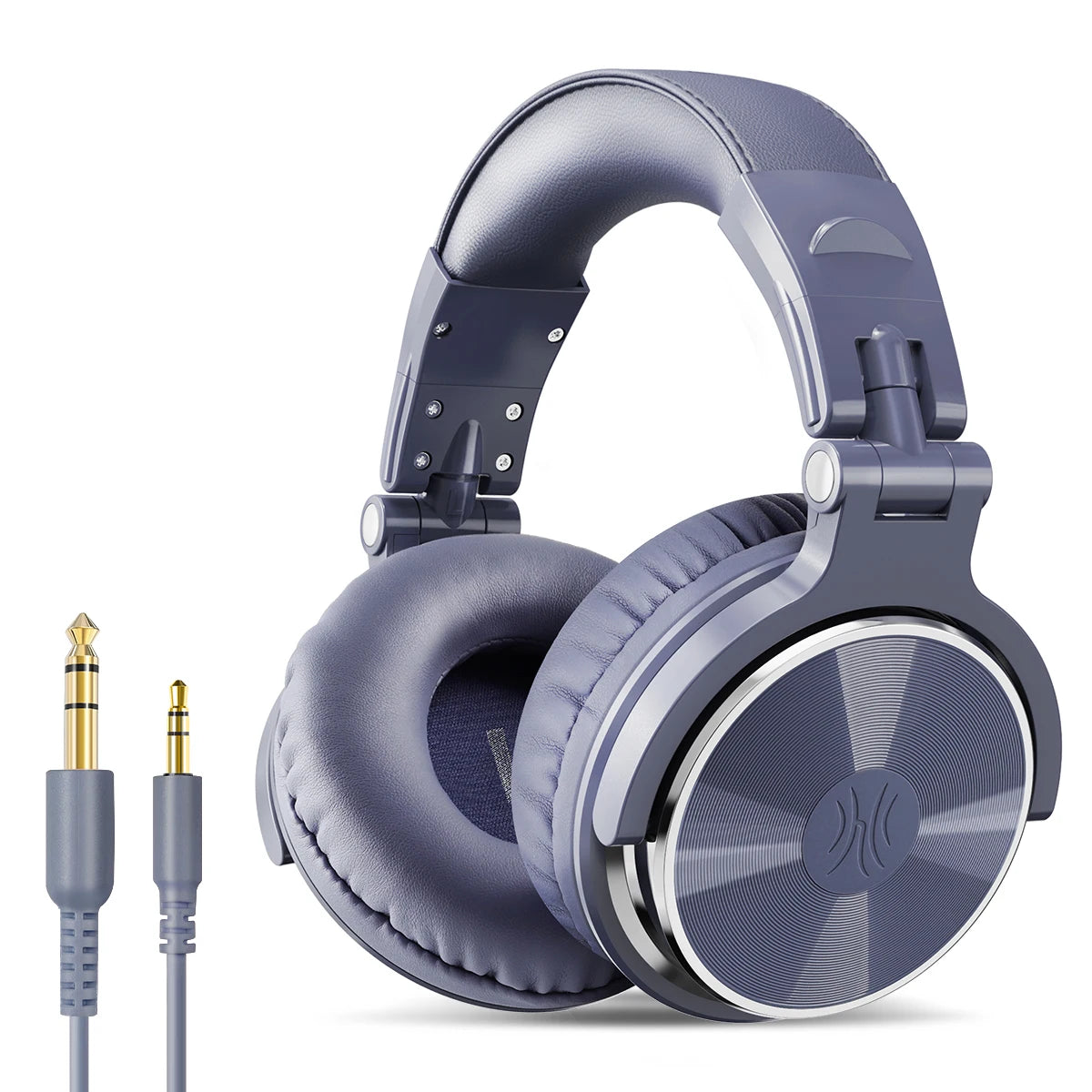 Sleek steel blue OneOdio headphones with 3.5mm and 6.3mm jacks for professional studio use